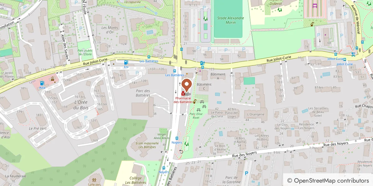 Plan d'accès : la Pharmacie des Battières, 33 avenue du Général Eisenhower, Lyon 5e, marquée sur le plan du quartier